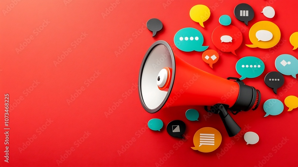 Leinwandbilder Powerful digital depicting a bold megaphone surrounded by an array of vibrant speech bubbles on a solid red background symbolizing the impact of voice communication and messaging in modern business