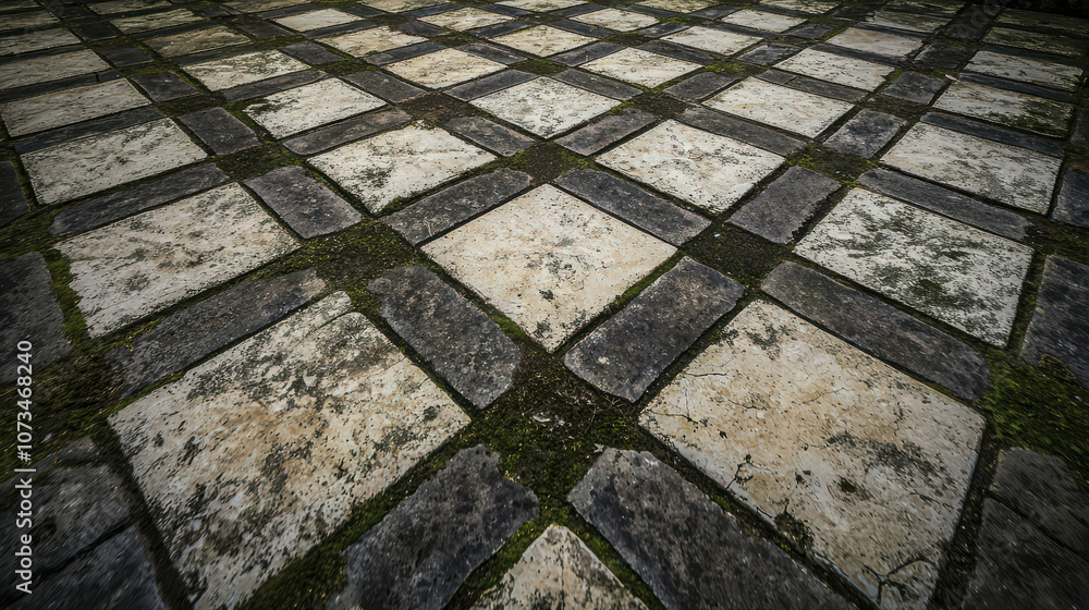 Poster textured stone pavement with moss and lichen, capturing natural weathering and unique patterns on a 