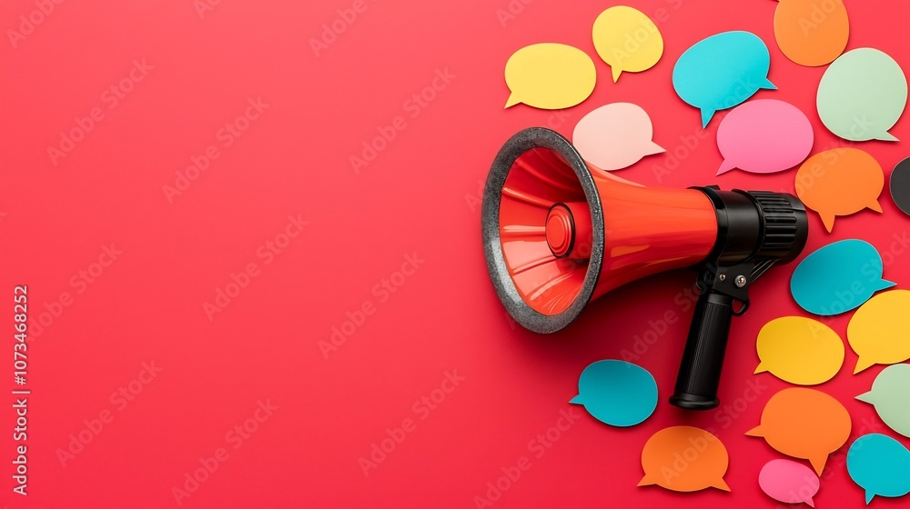 Aufkleber Bold Megaphone Surrounded by an Array of Vibrant Speech Bubbles on a Solid Red Background Showcasing Impactful Voice and Communication Concept