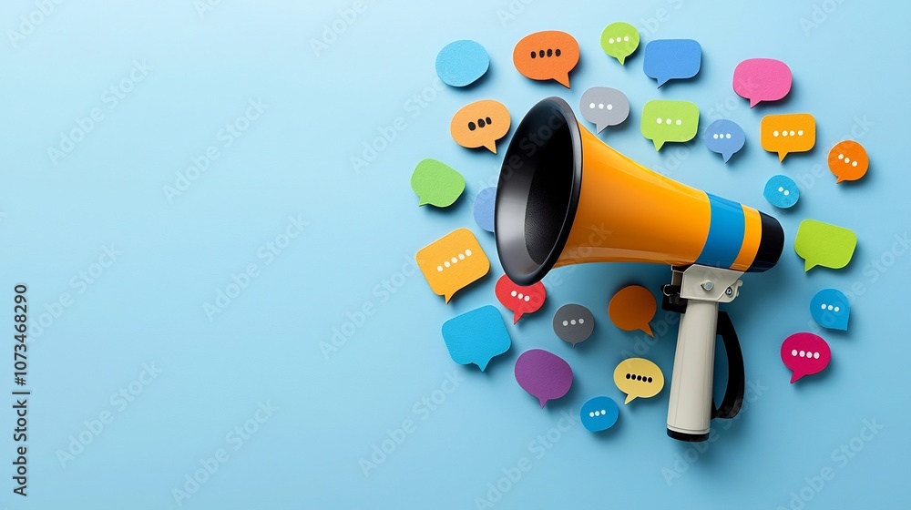 Aufkleber Vibrant megaphone with an array of dynamic speech bubbles in varied shapes and sizes against a solid blue backdrop symbolizing the potency of messaging and communication