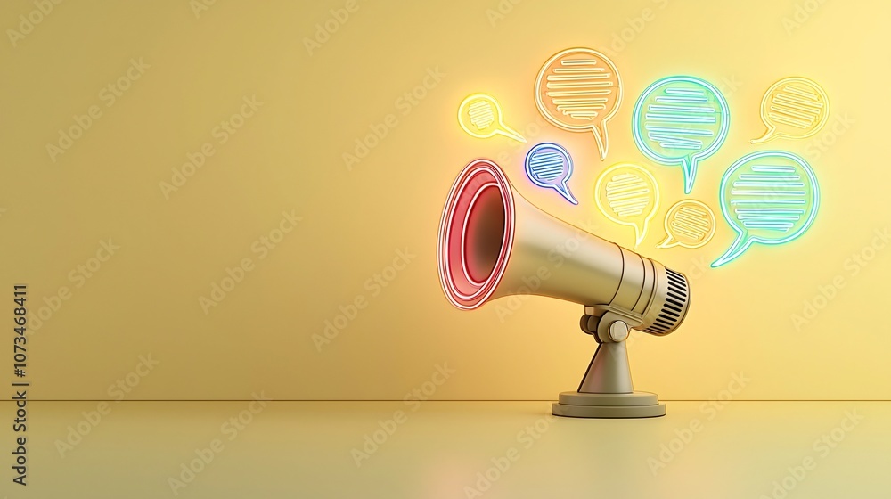Poster a single megaphone emitting a cascade of speech bubbles in vibrant neon colors against a soft yellow