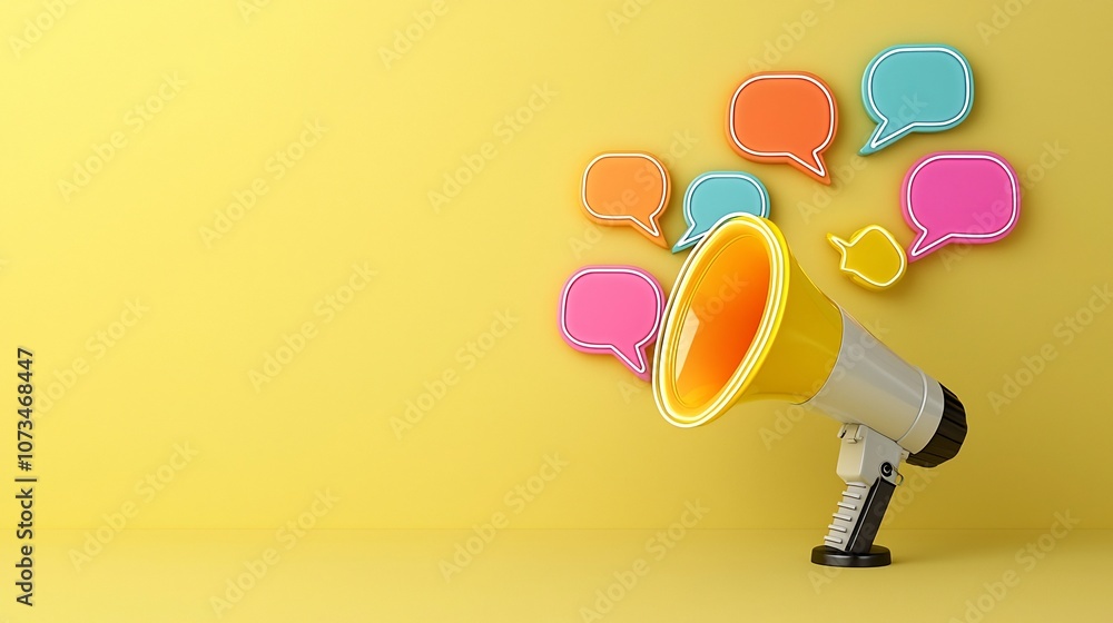 Poster powerful and lively communication symbolized by single megaphone emitting neon colored speech bubble