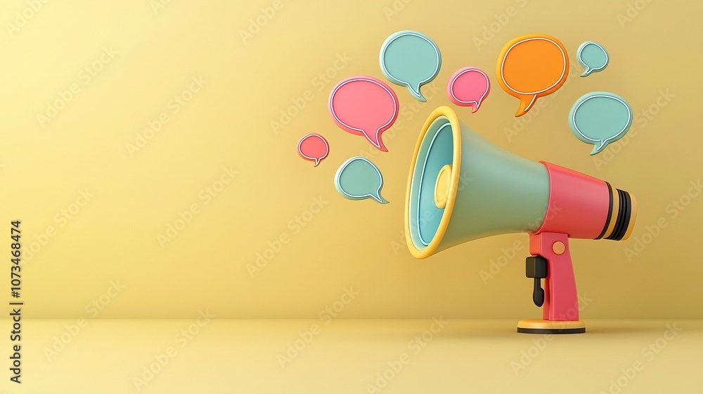 Aufkleber Vibrant megaphone emitting colorful neon speech bubbles against a soft yellow background symbolizing powerful and lively communication expression and promotion