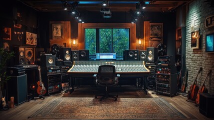 A professional music recording studio with an analog mixing console, speakers, microphones, guitars, and a computer.