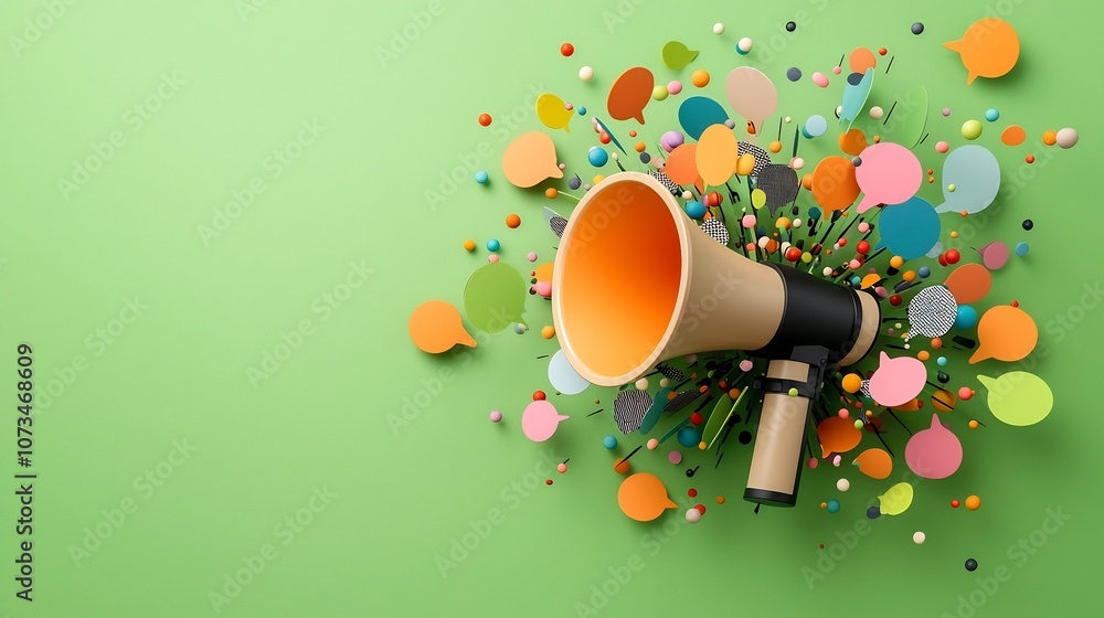 Aufkleber Impactful 3D megaphone surrounded by a burst of colorful speech bubbles on a vibrant green background representing dynamic and attention grabbing messaging and communication