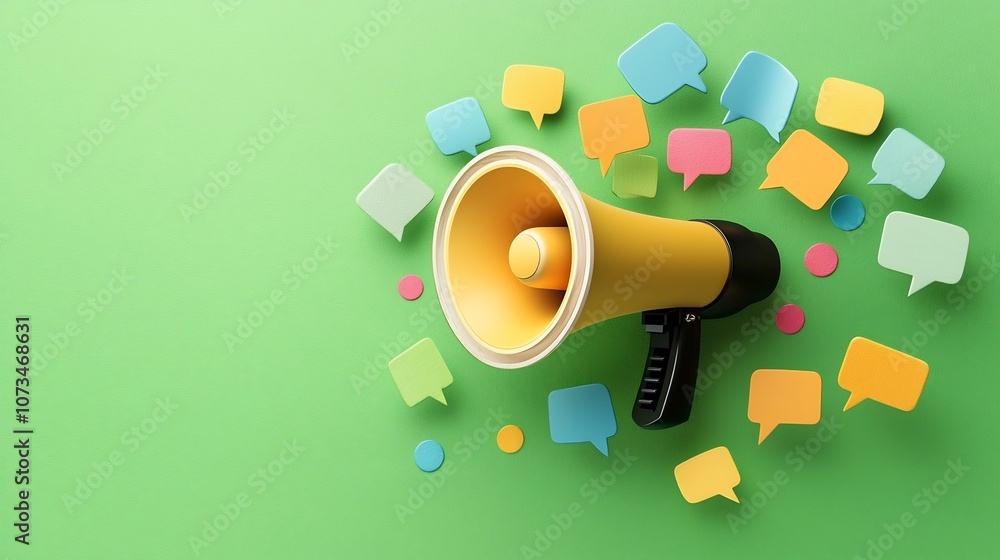 Fototapete vibrant and dynamic 3d megaphone surrounded by a burst of colorful speech bubbles on a vibrant green