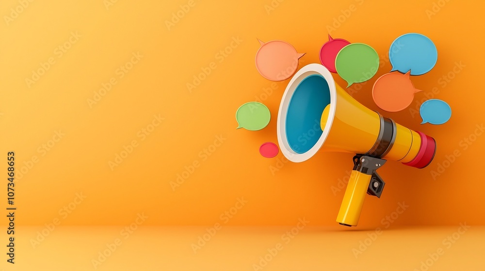 Aufkleber powerful megaphone with radiant colorful speech bubbles floating on a solid orange background symbol