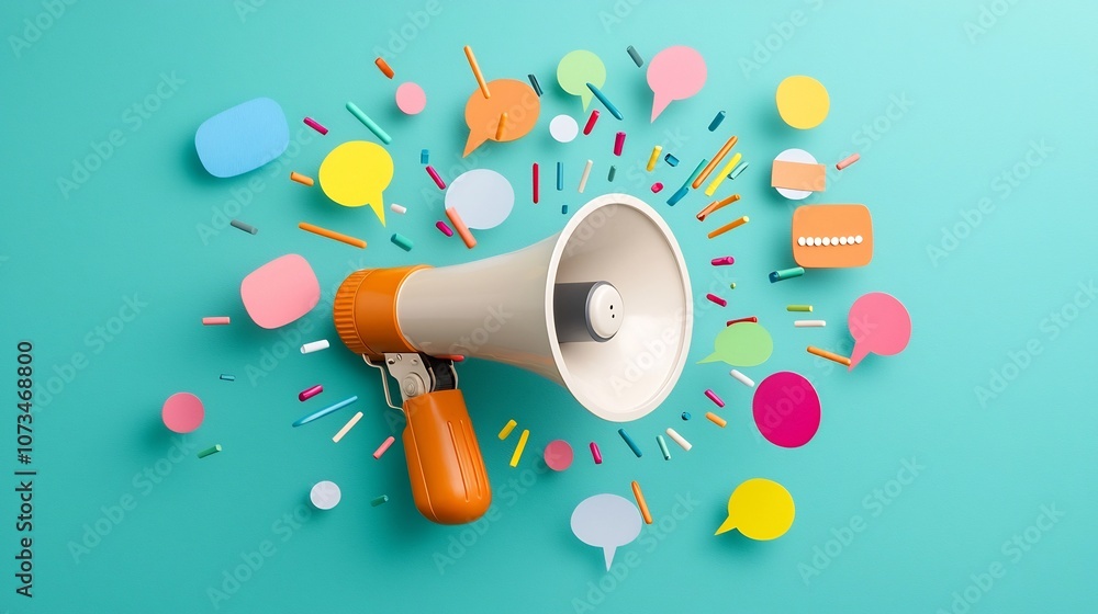 Poster Powerful Communication Concept with Vibrant Colorful Speech Bubble Explosion Emanating from Central Megaphone on Bright Teal Background