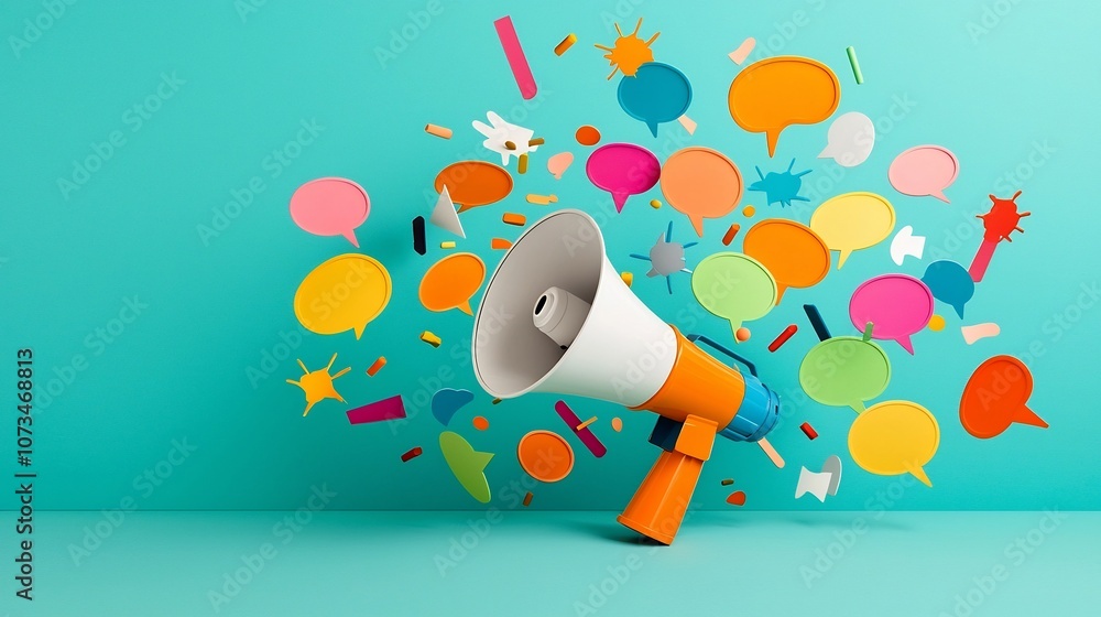 Leinwandbilder powerful visual metaphor of a central megaphone surrounded by an explosion of colorful speech bubble