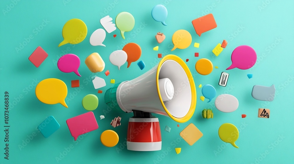 Poster vibrant and explosive megaphone with colorful speech bubbles on bright teal background illustrating 