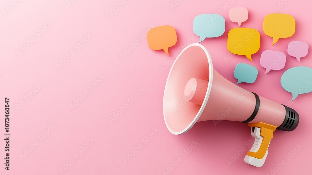 Fototapete Sleek and modern megaphone device with floating speech bubbles in pastel colors set against a solid pink background representing clear and vibrant communication