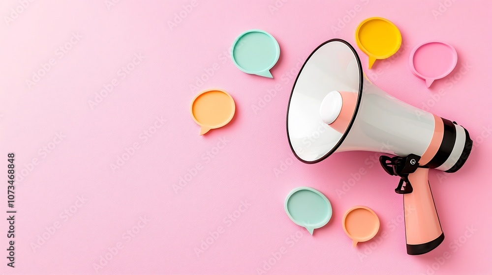 Aufkleber a sleek and modern megaphone with floating speech bubbles in pastel colors set on a solid pink backg