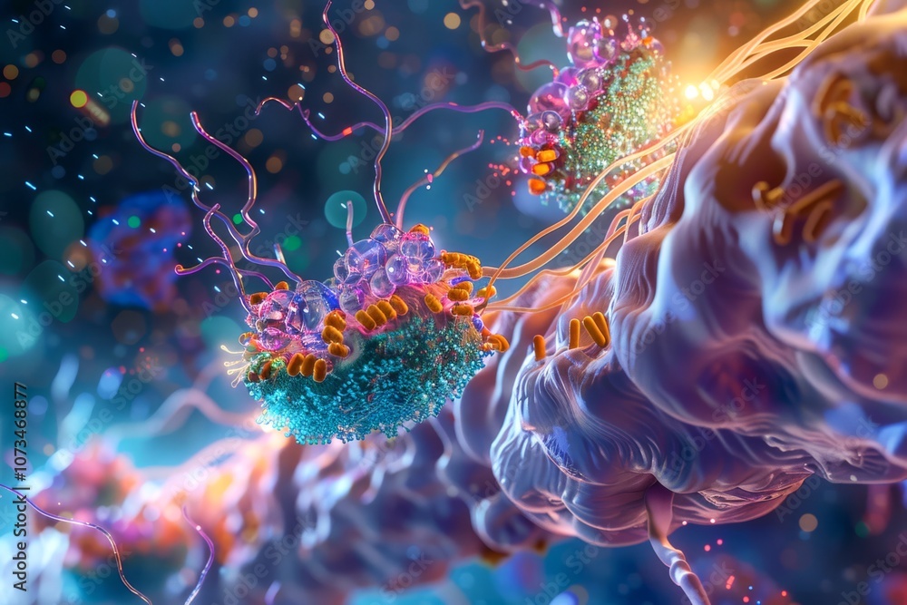 Poster receptor binding: a detailed shot of neurotransmitters binding to receptors on the postsynaptic memb