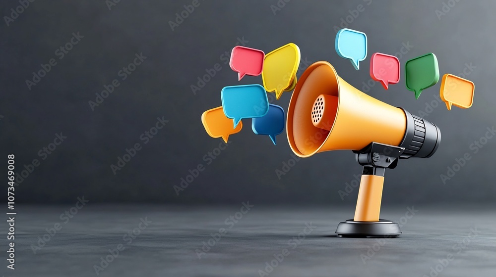 Aufkleber Powerful and impactful messaging symbolized by a bold megaphone emitting vibrant dynamic speech bubbles against a dark gray background
