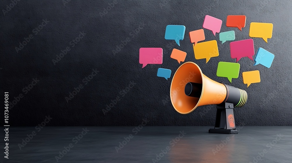 Aufkleber Striking visual metaphor of a bold megaphone emitting a vibrant array of colorful speech bubbles against a dark gray background symbolizing the powerful and impactful messaging and communication