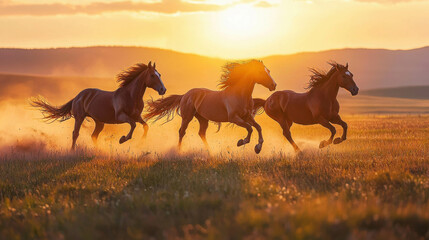 Majestic Horses Galloping in Sunset Light Across a Golden Field, Capturing the Spirit of Freedom and Natural Beauty in a Serene Landscape