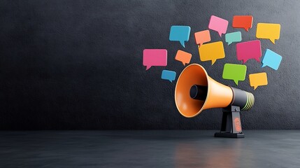 Striking visual metaphor of a bold megaphone emitting a vibrant array of colorful speech bubbles against a dark gray background symbolizing the powerful and impactful messaging and communication