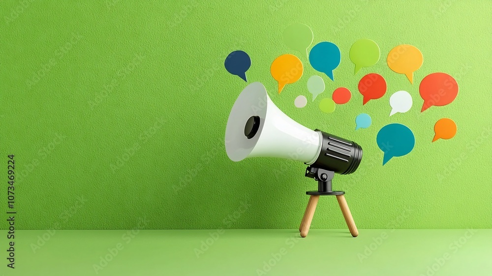 Poster vibrant megaphone emitting a variety of colorful speech bubbles against a lush green background repr