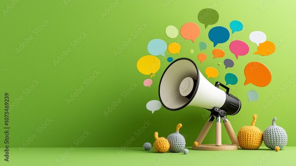 Poster Powerful communication represented by a central megaphone emitting speech bubbles in various vibrant colors against a dynamic green background symbolizing the strength and impact of messaging
