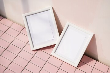 Fototapeta premium White picture frames with blank paper resting on pink tile with pastel background