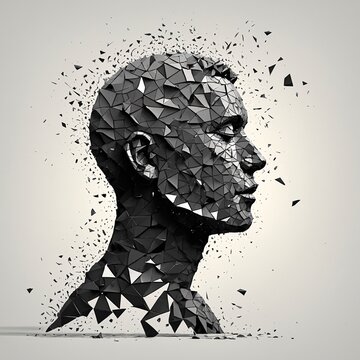 El rostro humano desintegr&aacute;ndose en fragmentos geom&eacute;tricos una representaci&oacute;n visual impactante de la fragilidad y complejidad de la identidad humana.