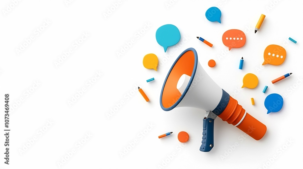 Leinwandbilder vibrant megaphone with scattered speech bubbles in radiant colors on solid white background symboliz
