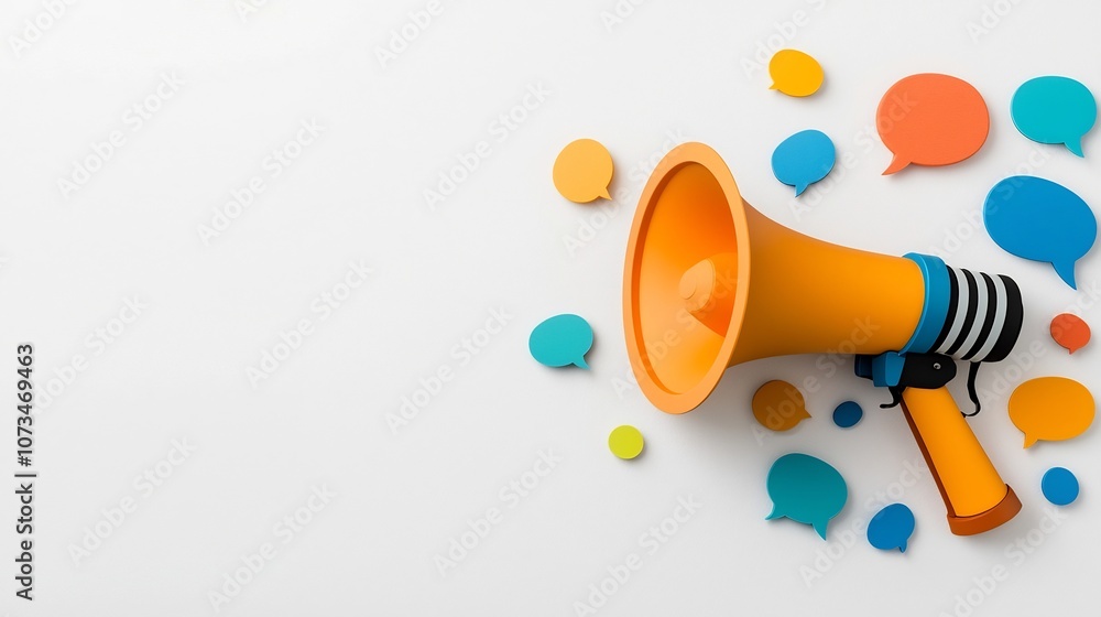 Aufkleber a bold megaphone surrounded by vibrant speech bubbles in radiant colors scattered across a clean min