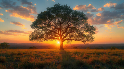 A large tree stands in a field with a beautiful sunset in the background