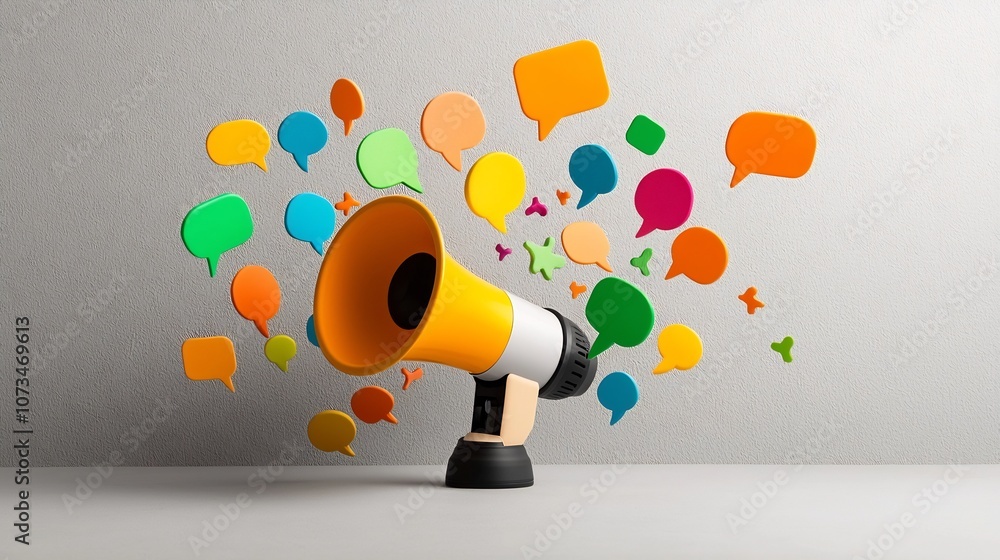 Poster megaphone with a burst of colorful speech bubbles on a soft gray background symbolizing dynamic comm