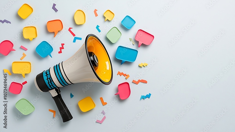 Aufkleber vibrant communication megaphone with colorful speech bubbles on soft gray background representing dy