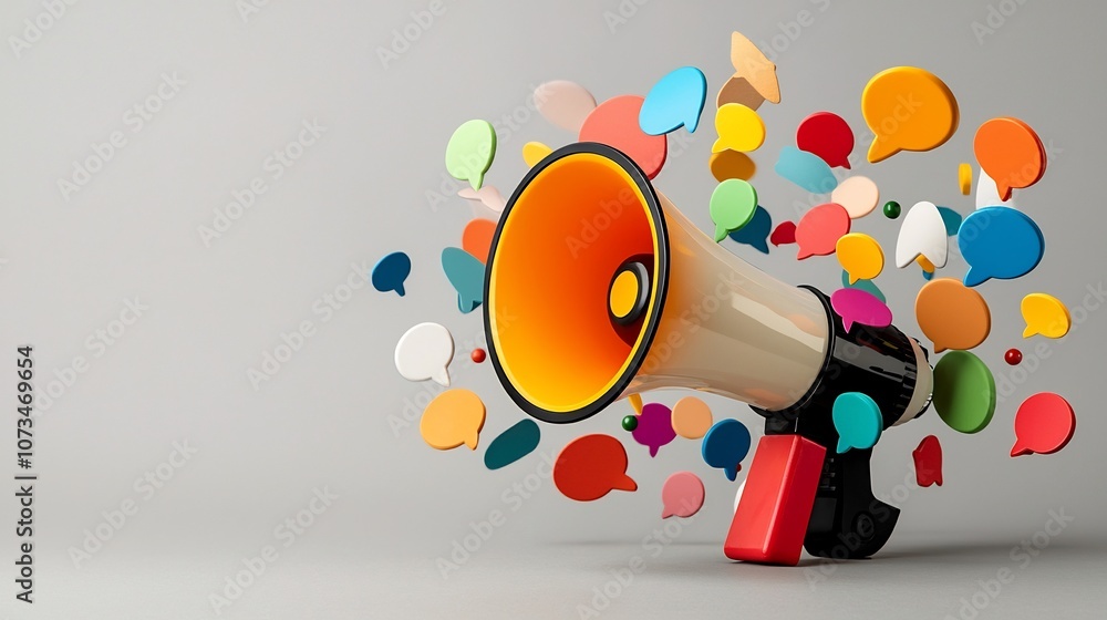 Fototapete Vibrant megaphone with a burst of colorful speech bubbles centered on a soft gray background representing the dynamic and impactful nature of communication messaging and idea sharing