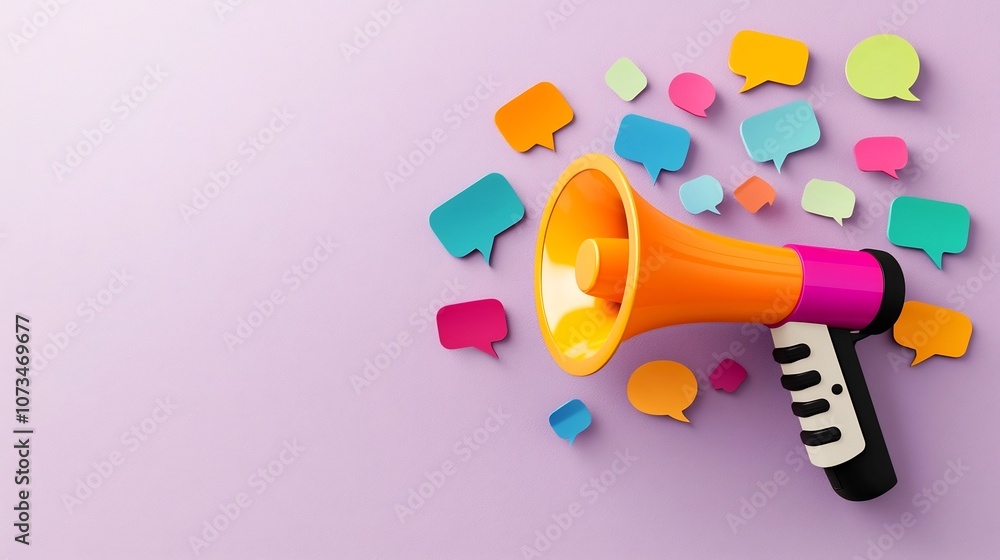 Poster a single megaphone with bright and vibrant speech bubbles floating around on a solid purple backgrou