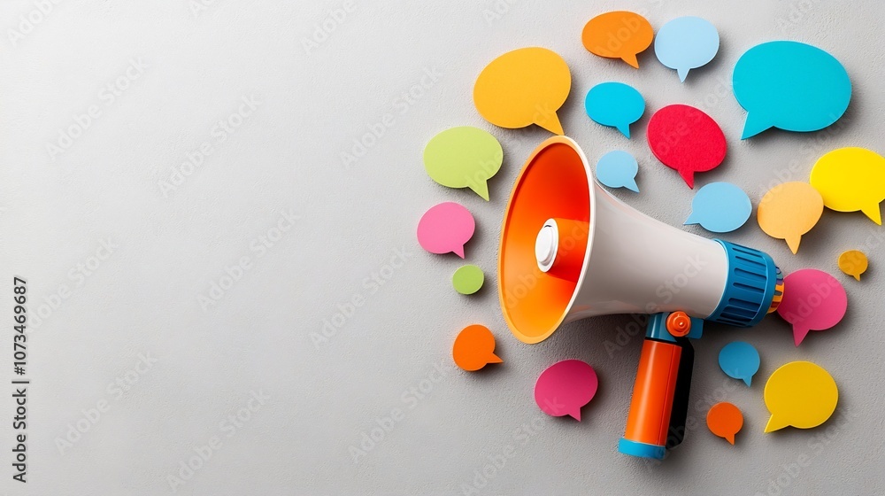 Aufkleber Megaphone in the center with a burst of colorful speech bubbles on a soft gray background representing dynamic communication and the power of expression dialogue and sharing ideas