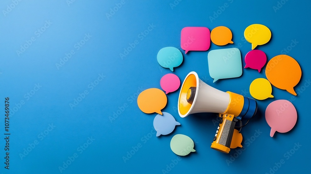 Poster Captivating Megaphone Surrounded by Vibrant Speech Bubbles on a Deep Blue Background Symbolizing Impactful and Lively Messaging for Advertising Marketing and Communication Campaigns