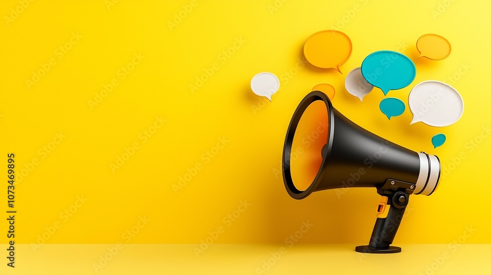 Fototapete Sleek and modern megaphone design with glowing vibrant colored speech bubbles floating on a solid yellow background showcasing the powerful impact of effective communication and messaging