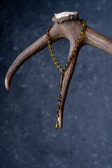 Ottoman Amber Rosary Collection products. Rosary hanging on antlers (focus adjusted)