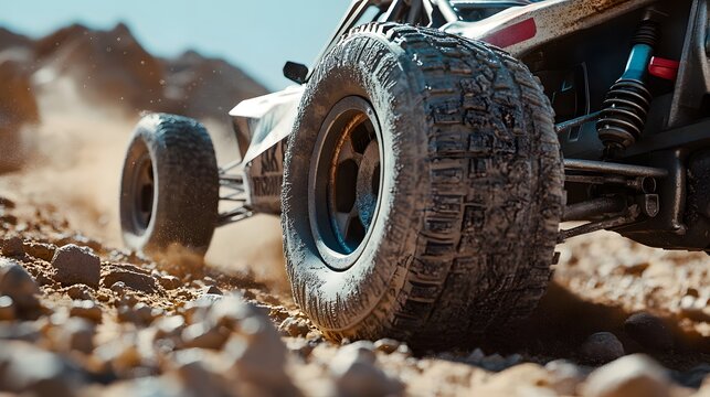 Close-up shot of RC car navigating rocky desert&nbsp;terrain, featuring metallic buggy with rugged wheels, captured from low angle with dramatic perspective and sandy environment.