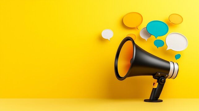 Sleek and modern megaphone design with glowing vibrant colored speech bubbles floating on a solid yellow background showcasing the powerful impact of effective communication and messaging