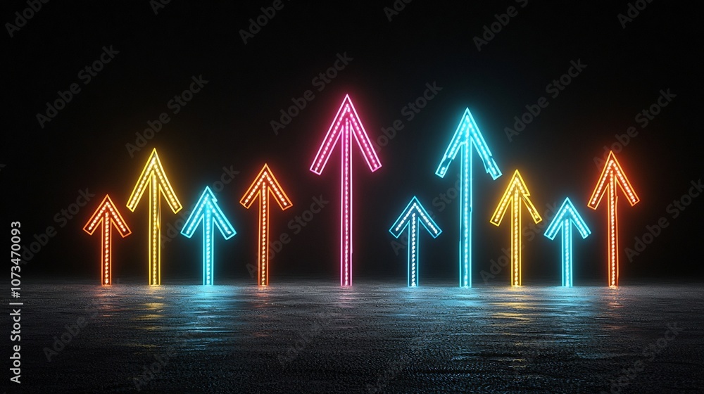 Poster Vivid beams of colored light forming upward pointing arrows creating a dynamic and energetic abstract design on a solid black background with a futuristic technological aesthetic