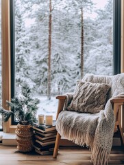 Cozy Armchair by a Window with Snowy Forest View