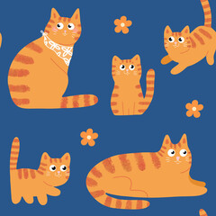 Orange cat family seamless pattern. Litter of cats. Cute hand drawn set of cats and kittens isolated on blue background. Sweet animals endless illustration for kids fabric, textile. Feline allover