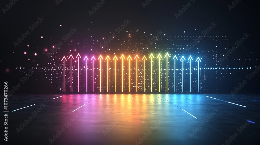 Poster Vibrant colorful and sleek arrows made of dynamic beams of light pointing upwards against a dark minimalist background with a fast moving futuristic feel
