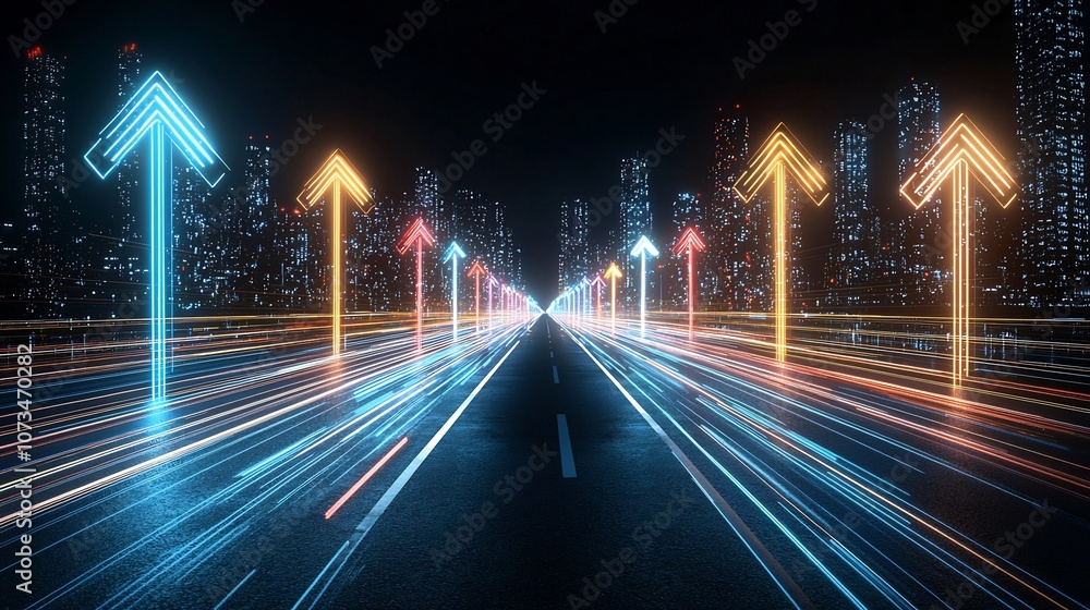 Poster Abstract composition of vibrant colorful beams of light forming sleek arrow like shapes pointing dynamically upwards with a fast moving energetic effect on a dark background