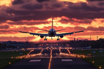 Fototapeta premium An airplane landing at sunset creates a stunning silhouette. The vibrant colors enhance the beauty of the scene. Perfect for travel themes and aviation projects. Generative AI