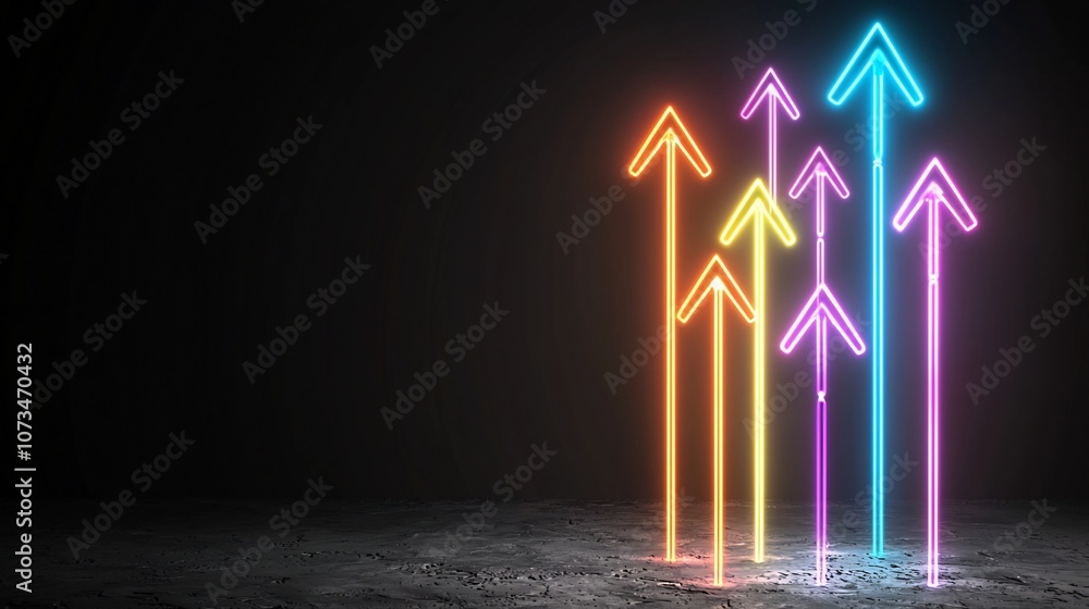 Poster Vibrant glowing light arrows shooting dynamically upwards with an elegant and futuristic style against a dark black background creating a sense of motion and energy