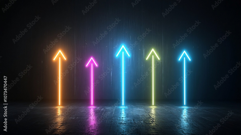 Poster a series of vibrant beams of light shaped as upward arrows glowing brilliantly on a jet black backgr