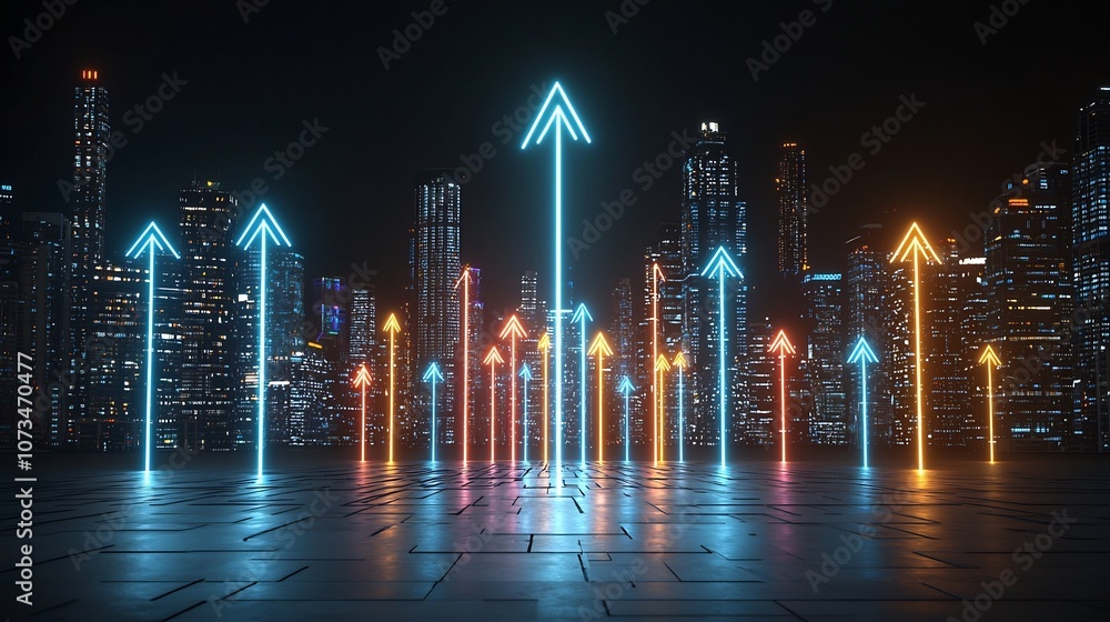Poster Striking image of glowing vibrant light beams shooting upwards in an elegant futuristic style against a dark atmospheric background creating a dynamic captivating visual display