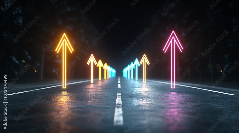 Poster vibrant beams of light shaped as upward arrows glowing brilliantly on a jet black background represe