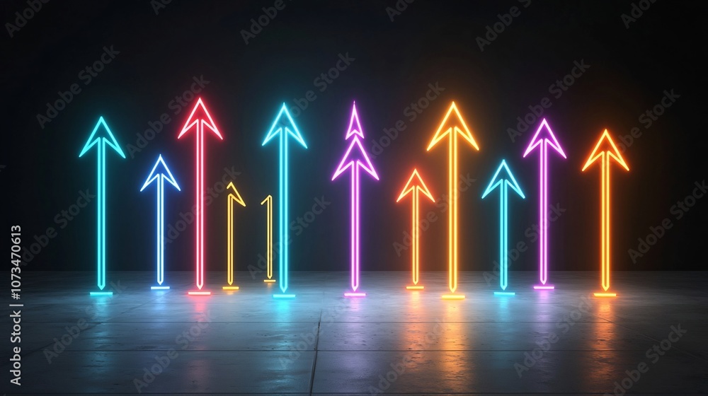 Poster Striking abstract composition featuring neon colored light beams shaped like upward pointing arrows creating a dynamic high energy impression on a deep black background  The elegant