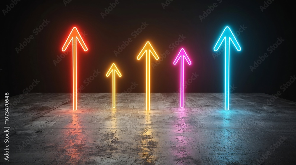 Poster Abstract composition with neon colored light beams shaped like arrows pointing upwards creating an impression of speed energy and elegance on a deep black background